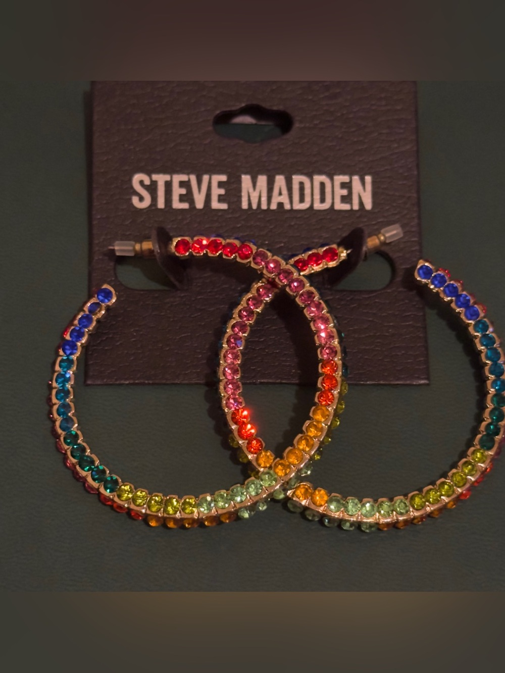 NWT Steve Madden Rainbow Crystal Hoop Earrings - Multicolor. 2 1/4L x 2”W.